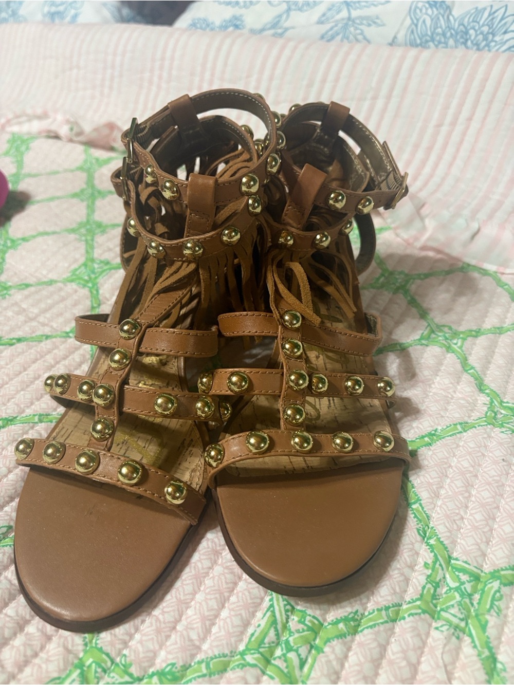 Sam Eldeman Women's Brown Studded Fringe Gladiator Sandals sz 8